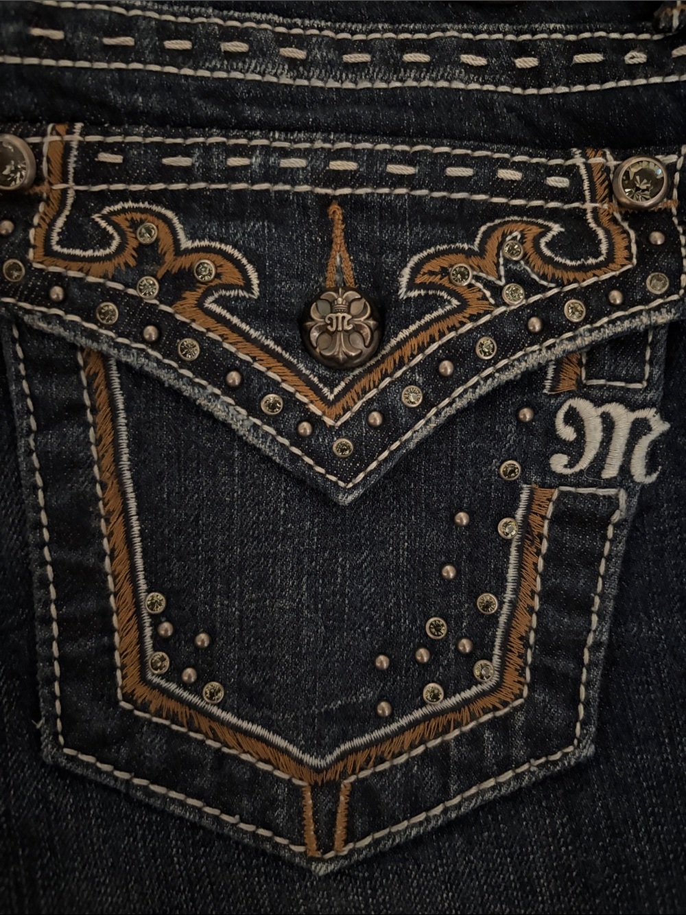Miss Me Dark Indigo Bootcut Jeans with Gold Embroidery and Studs - Picture 3 of 13